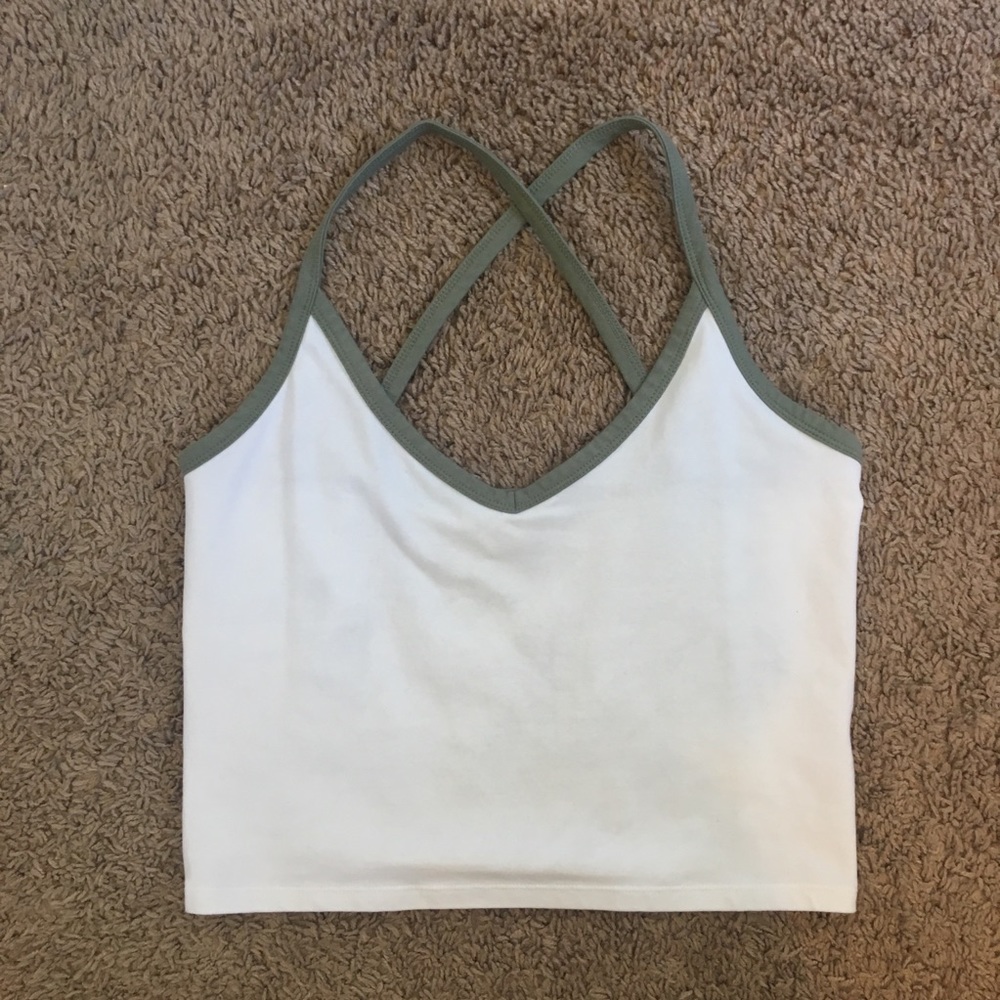 WHITE WITH GREEN ACCENT CROSS BACK CROP TANK TOP